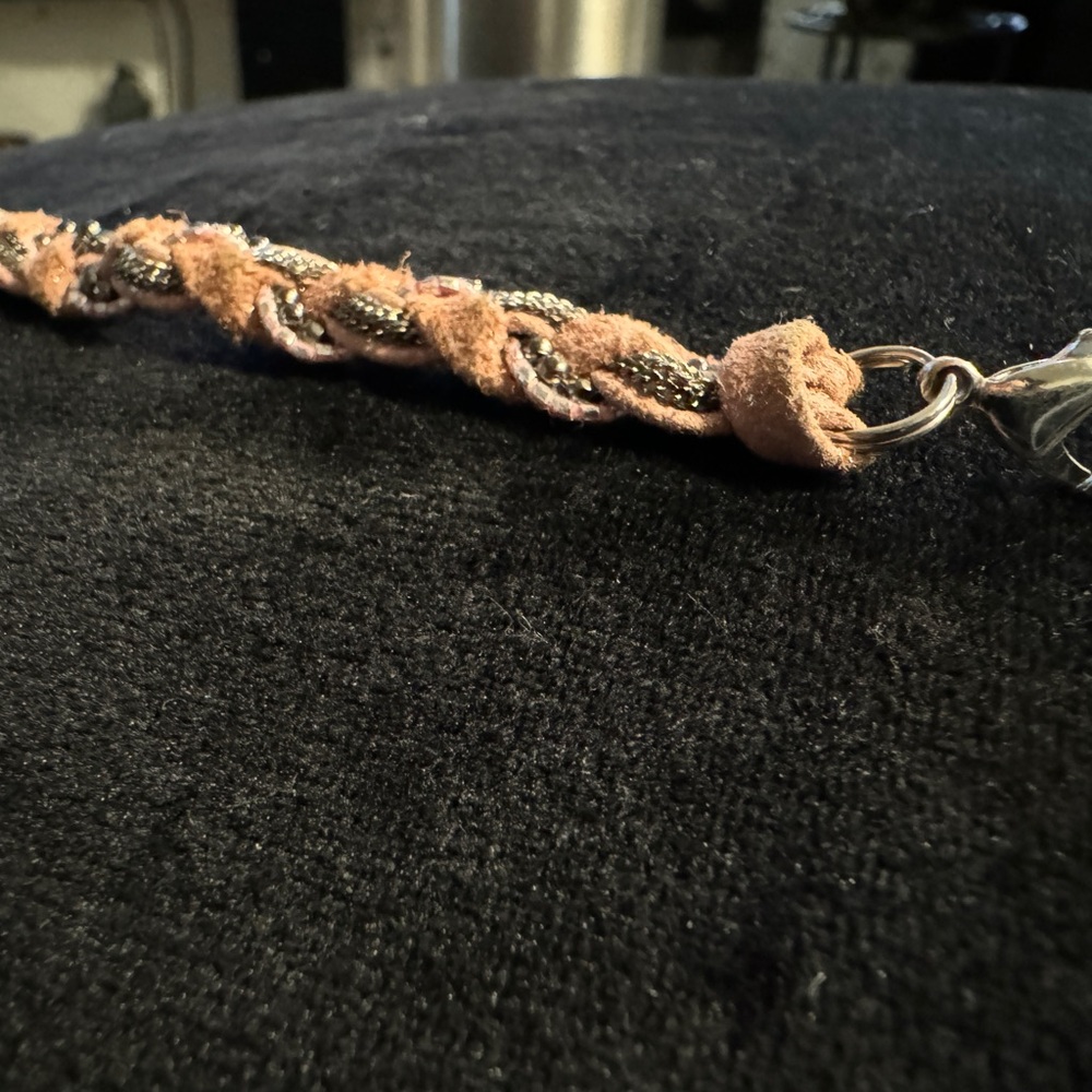 Small pink leather and silver braided bracelet